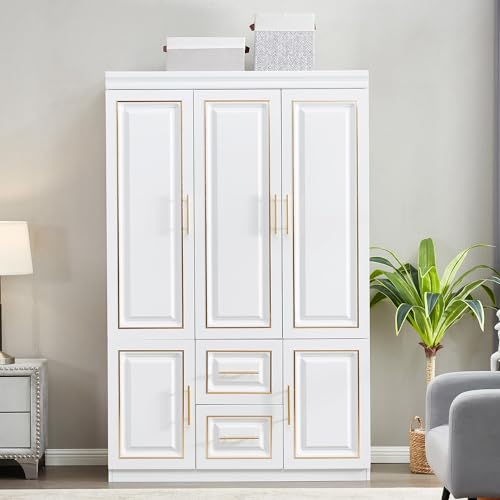 Closet with Doors Armoire Wardrobe Closets Wood Cabinet White Storage Closet Cabinet for Bedroom Armoires Clothes Wood Closet with Hanging Rod (20.51" D x 63" W x 74.02" H, Golden Handle)