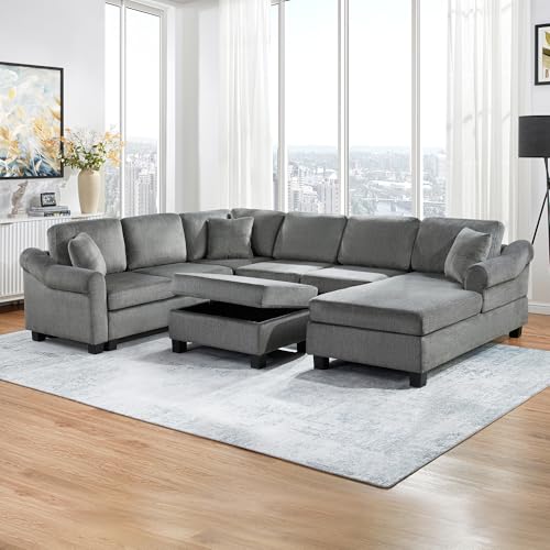 Oversized U-Shaped Sectional Sofa Couch Plush Corduroy Upholstered Modular Deep Seat Sofa&Couch Sectional W/Right Facing Chaise Lounge and 7 Toss Pillows for Home Apartment Living Room Furniture Sets