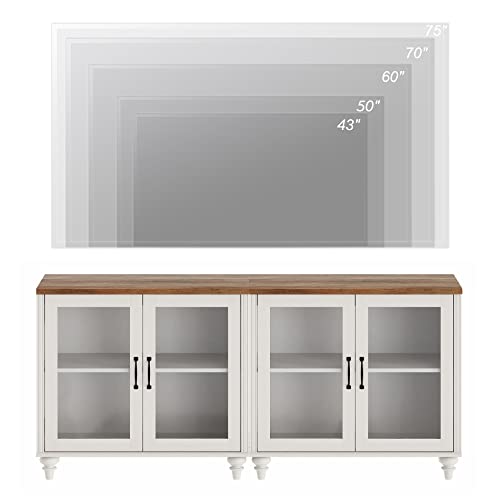 WAMPAT TV Stand for 43 Inch TV with Yellow LED Light, Wood TV Console Table Entertainment Center for Living Room, Buffet Cabinet with Glass Door for Dining Room, Off White