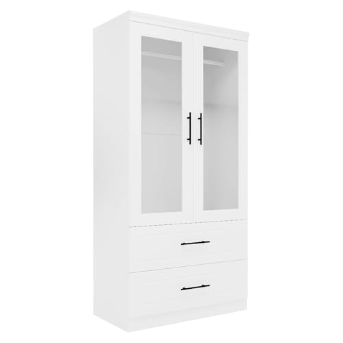 Wood Armoire Wardrobe Closet with Mirror,3 Door Bedroom Armoires Wardrobe Closet with 2 Drawers, Large Wardrobe Closet Storage Cabinet with Hanging Rail, White
