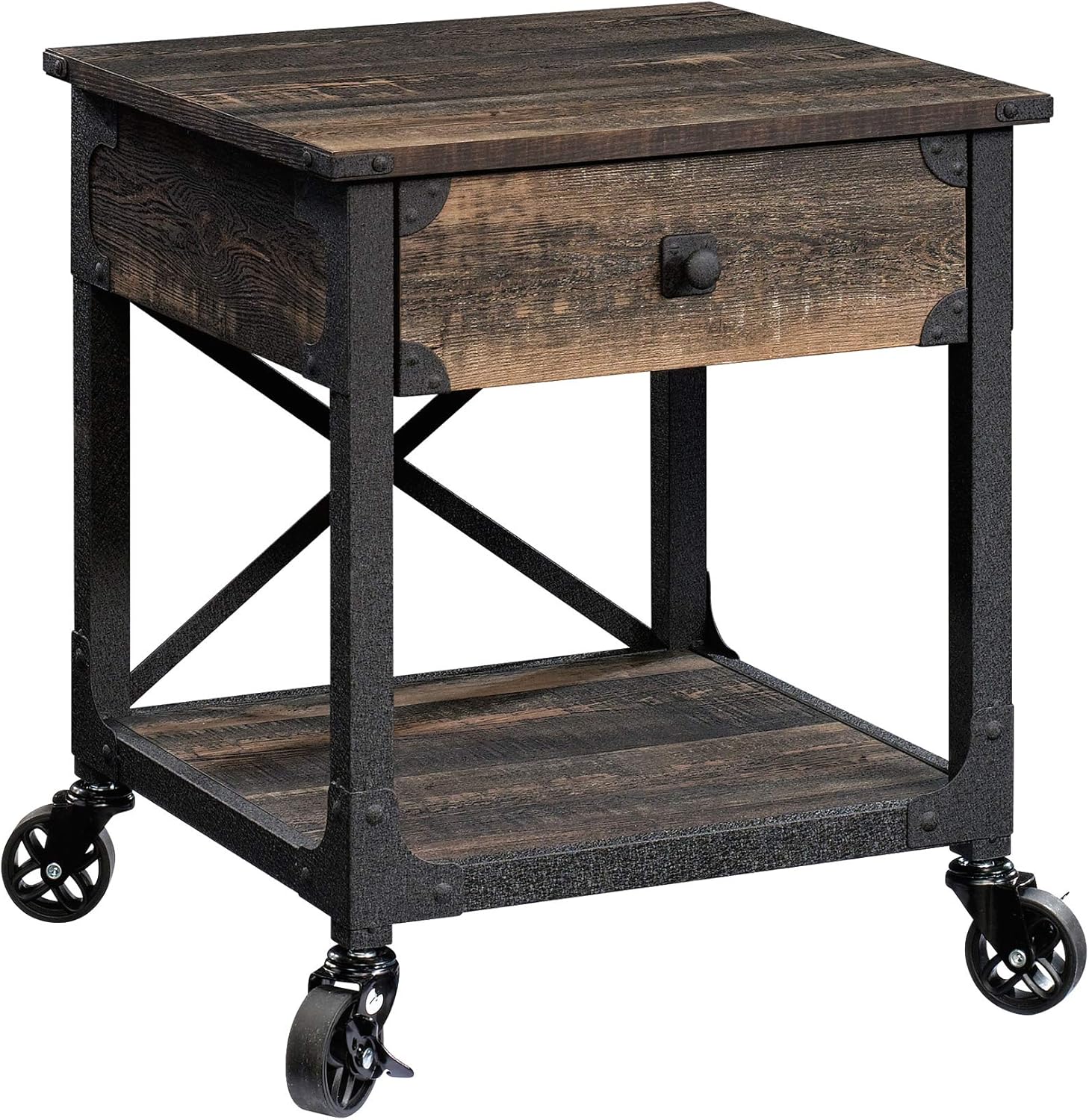 Sauder Steel River Side Table, L: 22.44 x W: 21.65 x H: 23.11, Carbon Oak Finish