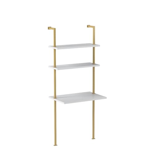Nathan James Theo 2-Shelf Industrial Wall Mount Ladder Small Computer or Writing Desk, White/Gold Brass