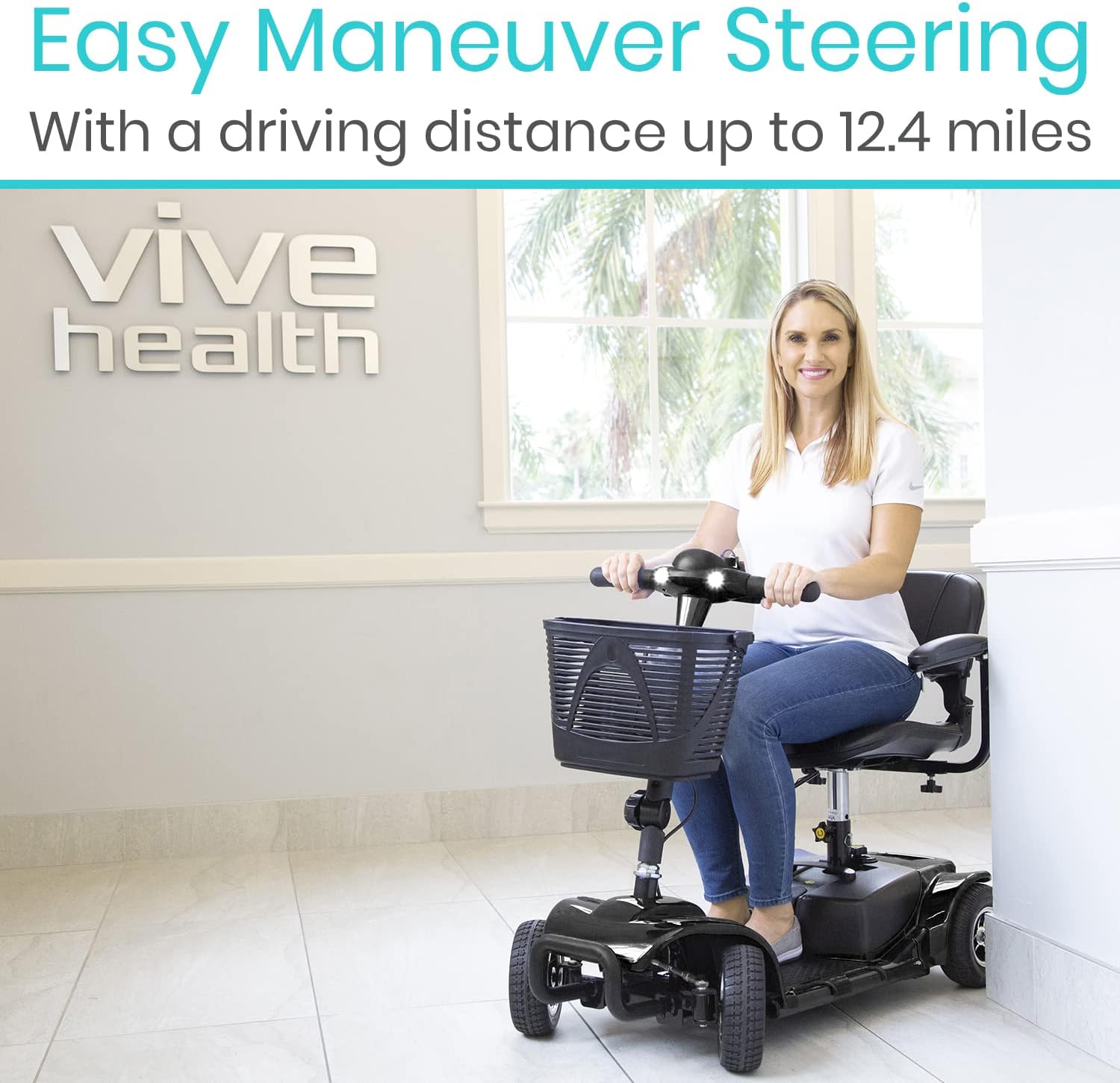 Vive 4 Wheel Mobility Scooter - Electric Powered Wheelchair Device - Compact Heavy Duty Mobile for Travel, Adults, Elderly - Long Range Power Extended Battery with Charger and Basket Included