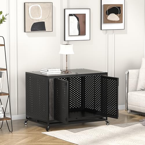 48" Heavy Duty Dog Crate Furniture for Extra Large Dogs, Enclosed Design with 0.5 inch Holes, Indestructible Metal Kennel for High Anxiety Dogs, Chew Proof Pet Cage House Indoor, Brown