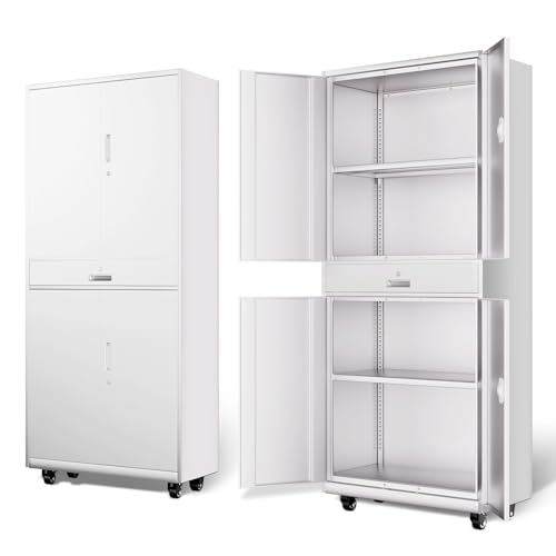 DNA MOTORING 71'' Metal Storage Cabinet, Locking Tool Cabinet with 1 Drawer and Adjustable Shelves, Lockable Heavy Duty Metal Locker for Garage,Office,Home,Gym, Gray, TOOLS-00629-GY-GY-A