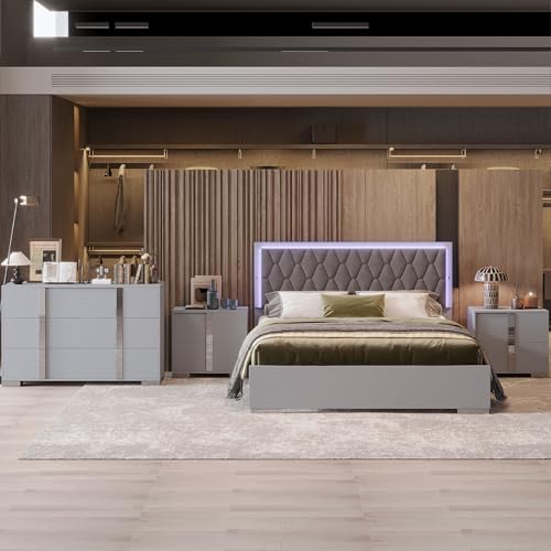 4-Piece Bedroom Furniture Set, Queen Wood Upholstered Bed with LED Lights, 2 Mirrored Nightstands, 6-Drawer Dresser with Metal Handles and Legs (Grey)