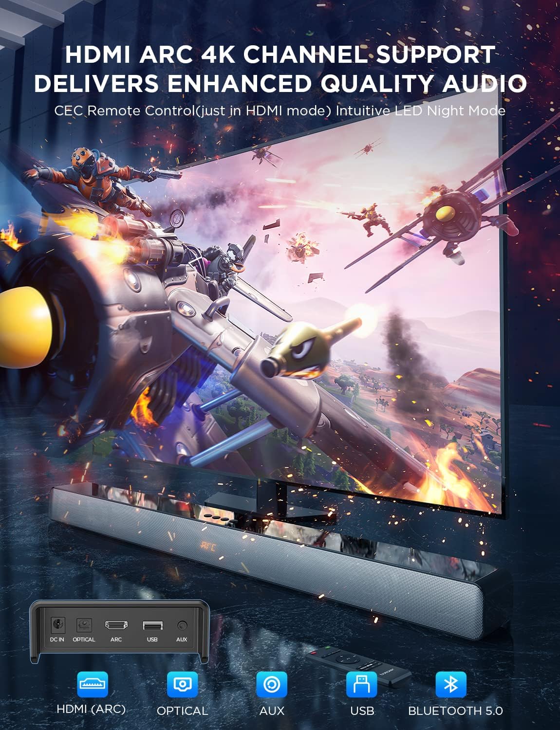 XZJX Direct SoundBars for TV Speaker 100W, 3D Surround Sound, Enhanced Deep Bass 2.0ch, HDMI-ARC & Bluetooth Sound Bars with 9 EQ Mode, CEC Remote, Works 4K HD Smart TV, Optical, AUX, USB Pack of 2