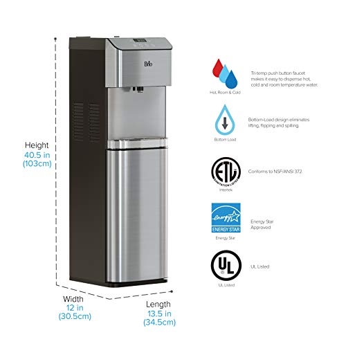 Brio Moderna Touchless Bottom Load Water Cooler Dispenser - Self-Cleaning, Motion Sensor, Tri Temp Dispense, Child Safety Lock, Holds 3 or 5 Gallon Bottles, Digital Display and LED Light