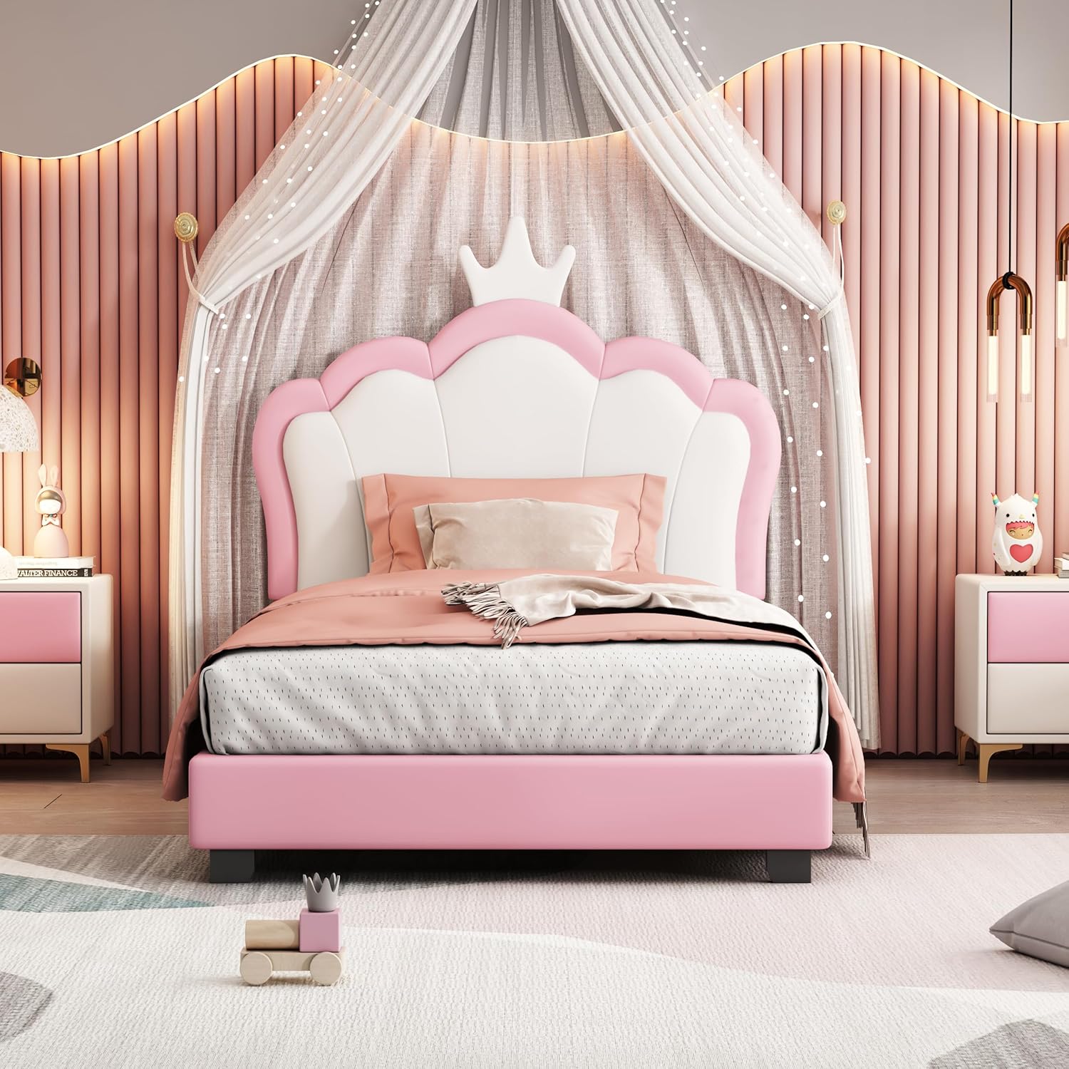 Bellemave Twin Size Princess Bed Frame with Crown Headboard, PU Upholstered Princess Twin Bed for Girls,Kids Twin Platform Bed,(Twin,Pink)