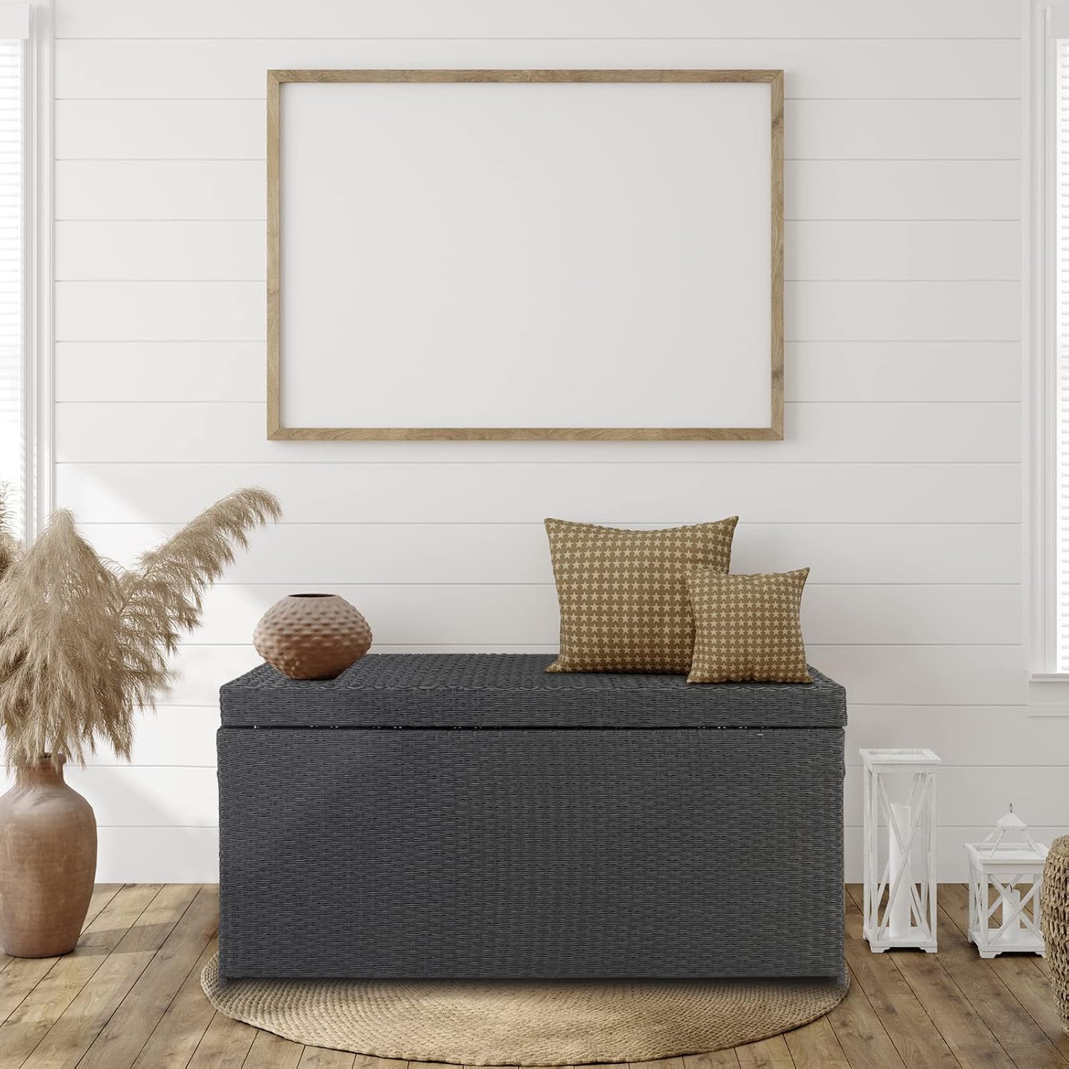 132 Gallon Large Deck Box - PE Rattan Indoor Outdoor Storage Box - Wicker Storage Basket with Lid - Deck Bin with Handle - Weather Resistant Storage Container for Toys, Blanket, Yard Tools - Black