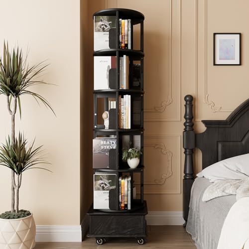 Solid Wood Rotating Book Shelf, 360° Display Bookcase with Drawer, 5-Tier Mobile Bookshelf with Wheels, 79" Tall Bookcase for Narrow Space, Spinning Bookshelf Tower for Home Office, Study Room, Black