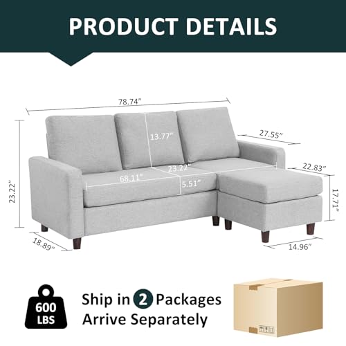 Babion 79" Convertible Sectional Sofa Couch, Linen Fabric L-Shaped Couch 3-Seat Sofa with Removable Ottoman for Living Room, Apartment and Compact Spaces, Light Gray