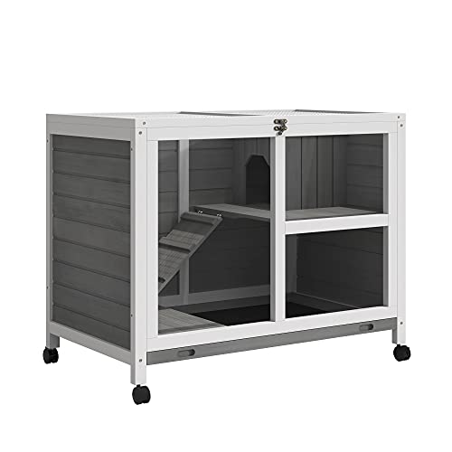 PawHut Indoor Rabbit Hutch with Wheels, Desk and Side Table Sized, Wood Rabbit Cage, Waterproof Small Rabbit Cage, Natural