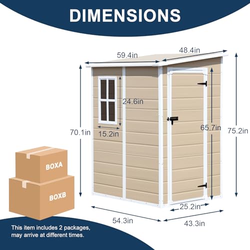 CDCASA 6x3 FT Storage Shed, Waterproof Resin Outdoor Storage Shed with Floor & Window & Double Lockable Doors and 2 Vents, Tool Shed for Bike, Garden, Backyard,Lawn, All Weather Use, Light Brown