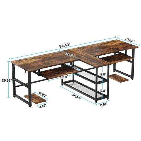 94.5" Two Person Desk, Double Computer Desk with Keyboard Tray & LED Lights