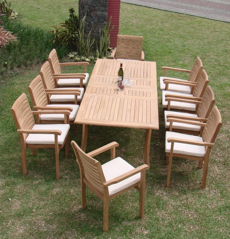 Teak Dining Set:10 Seater 11 Pc - Large 117" Rectangle Table and 10 Hari Stacking Arm Chairs Outdoor Patio Grade-A Teak Wood WholesaleTeak #WMDSHRb