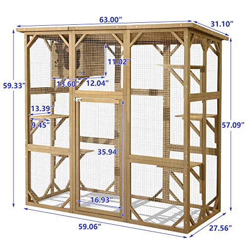 ROOMTEC 70 Inch Large Wooden Catio Outdoor & Indoor Cat Enclosure, Luxury Pet-House with Resting Box & 6 Jumping Platforms, Kitty Condo Shelter for Play, Weather Protection Asphalt Roof