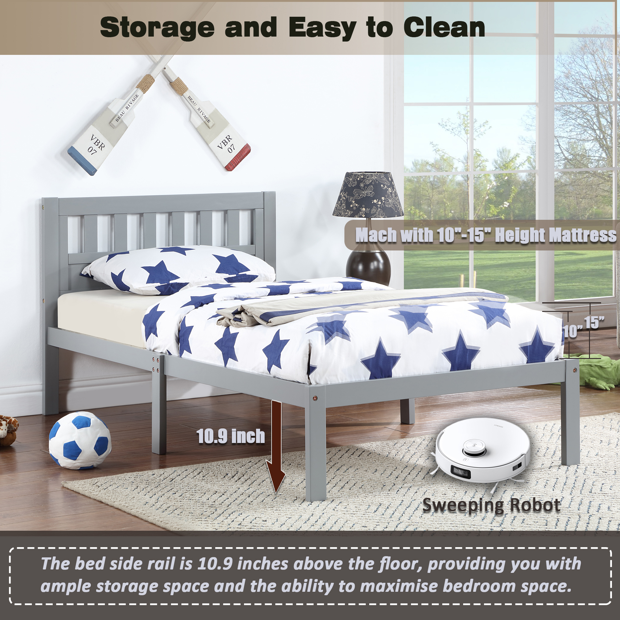 iRerts Wood Twin Bed Frame, Modern Twin Platform Bed Frame with Headboard, Wood Support Slats, Twin Size Bed Frame No Box Spring Needed, Bed Frame Twin Size for Kids Teens Adults Bedroom, Gray