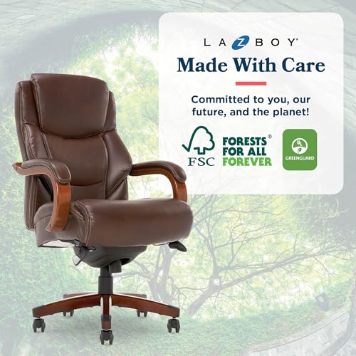 La-Z-Boy Delano Big & Tall Executive Office Chair, Ergonomic Mid-Back Body Pillow Lumbar Support, ComfortCore Memory Foam Cushion, Mahogany Wood Arms & Swivel Base, Bonded Leather, Chestnut Brown