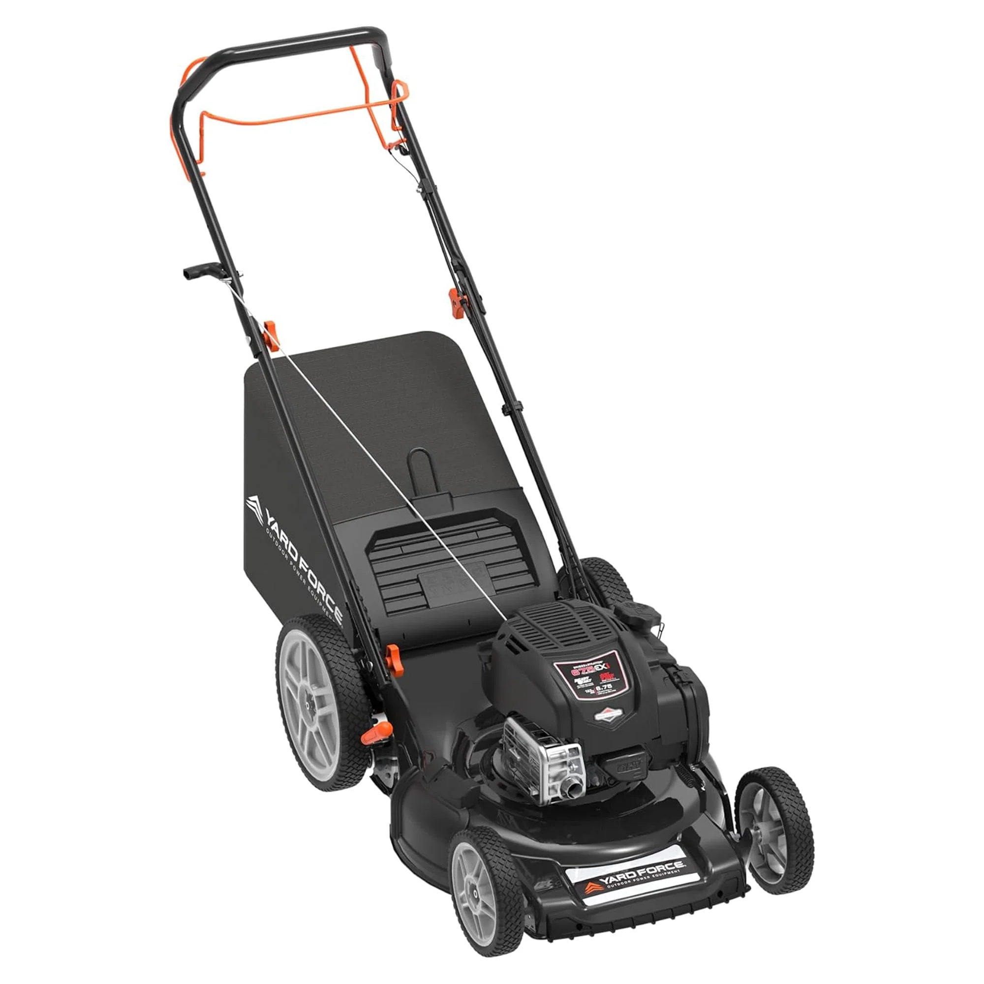 Yard Force Self Propelled Lawn Mower Briggs & Stratton 150cc Gas Engine 22-inch Steel Deck 3-in-1 mulch, bag, side discharge, 12-inch High Rear Wheels