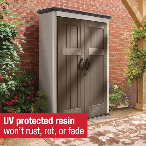 Rubbermaid Vertical Resin Outdoor Storage Shed With Floor (4 x 2.5 Ft) Weather Resistant Beige/Brown Organization for Home/Backyard/Pool Chemicals/Toys/Garden Tools/Porch/Patio Cushions