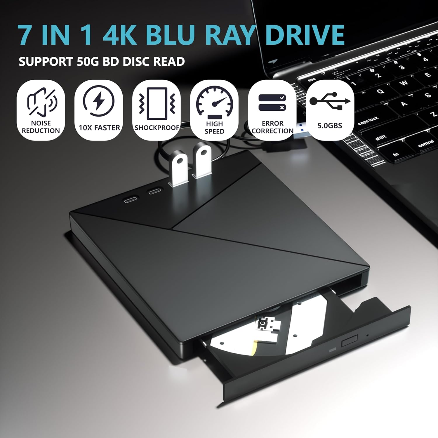 7 in 1 External Blu Ray Drive, 4k Blu Ray Burner with USB 3.0 Type-C Portable Blu Ray Drive, CD DVD Burner 3D BD Player with SD/TF Ports, 4k Optical Drive Compatible with Windows MacOS Laptop Desktop