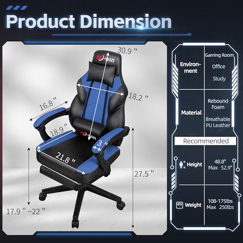 Gaming Chairs for Adults, Computer Chair with Footrest and Ergonomic High Back, Big and Tall Gamer Chairs with Massage Lumbar Support, 360° Swivel Height Adjustable, Blue