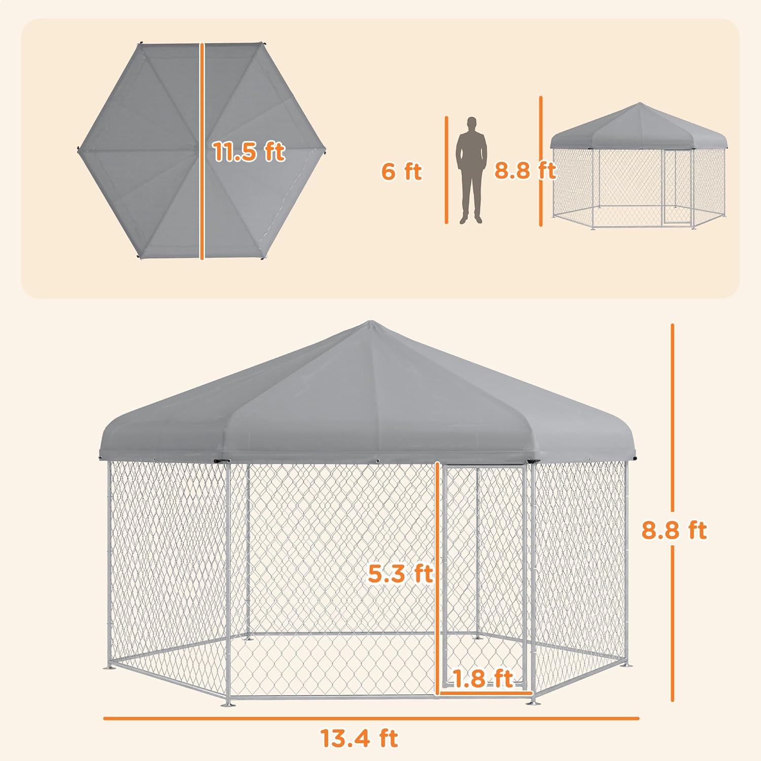PawHut 13.4' x 11.5' x 8.8' Dog Kennel Outdoor Dog Run with Waterproof, UV Resistant Roof, Lockable Door, for Medium and Large-Sized Dogs, Silver