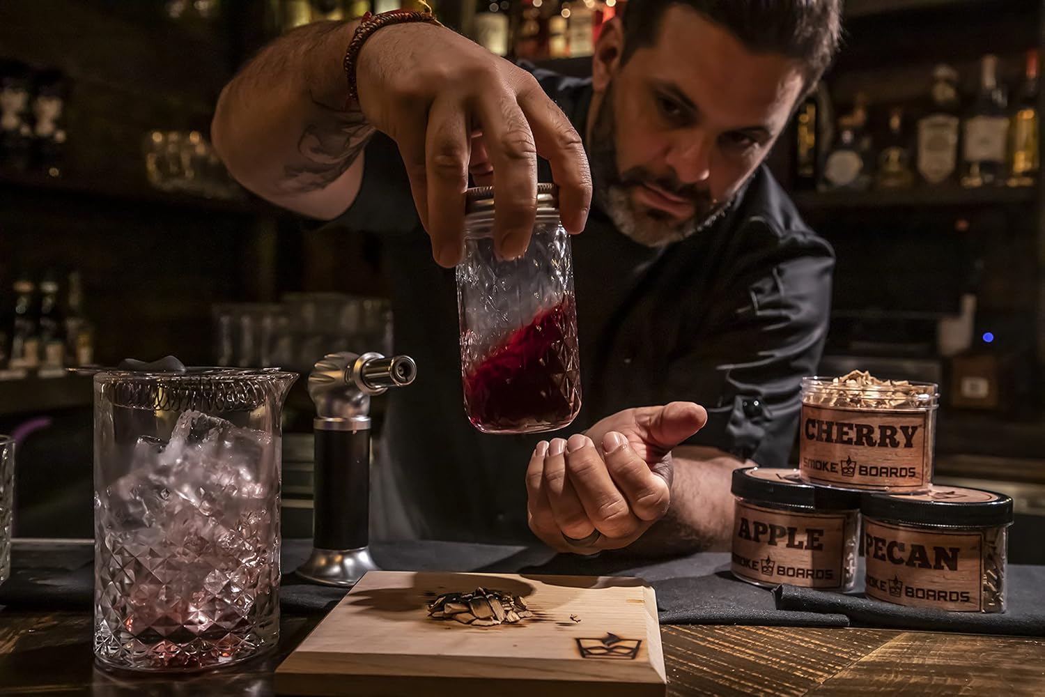 Smoked Cocktail Kit. The only Complete 7 Piece Home Bartender Kit with Carrying case and Torch Included! Handcrafted White Oak Smoking Board with 3 Different Wood Chips Including Mason jar and case.