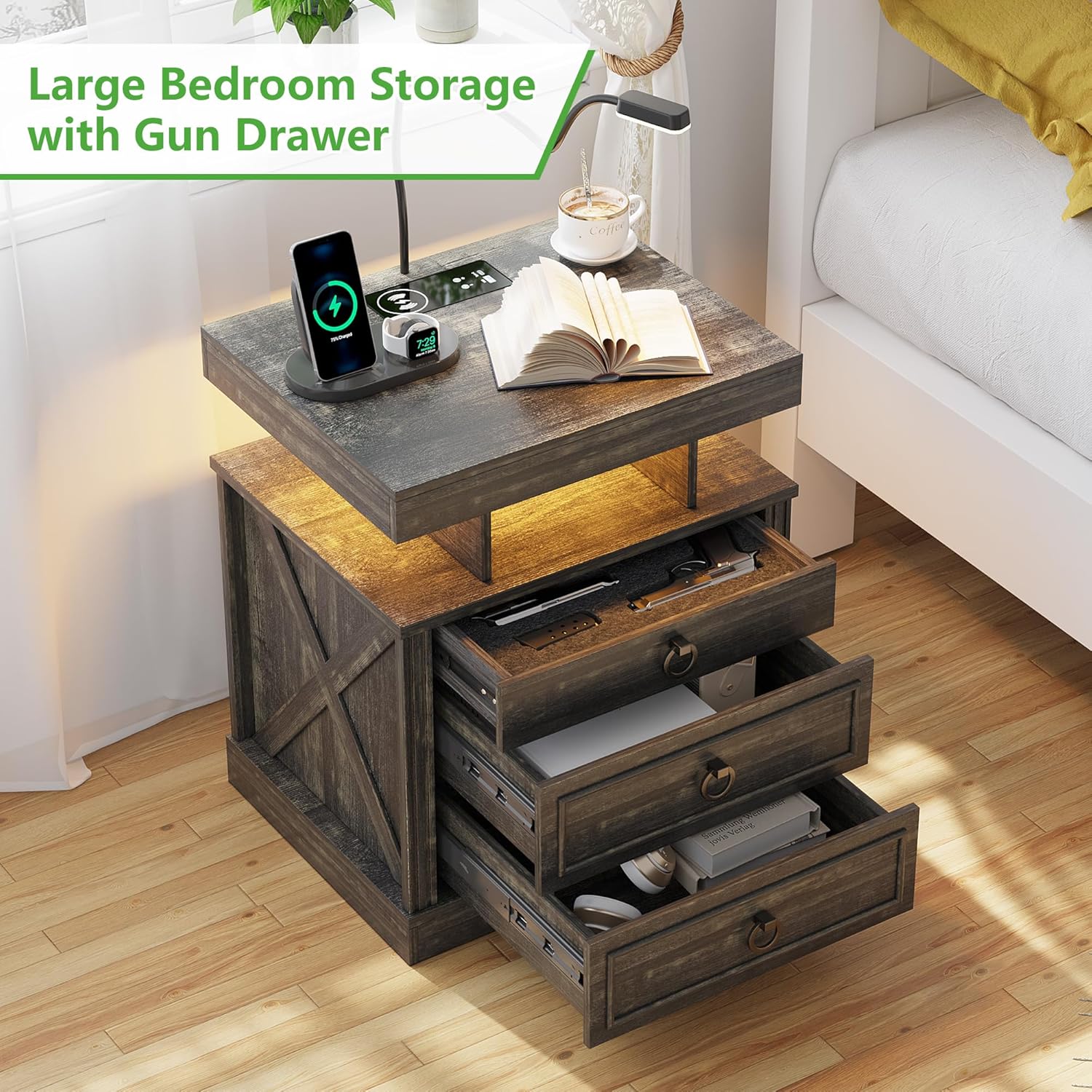 HNEBC Nightstand Side Table with Gun Case,Night Stand with Wireless Charging Station, Farmhouse Bedside Table with 2 Drawers, End Table with Bedside Lamp for Living Room/Bedroom, Rustic Brown