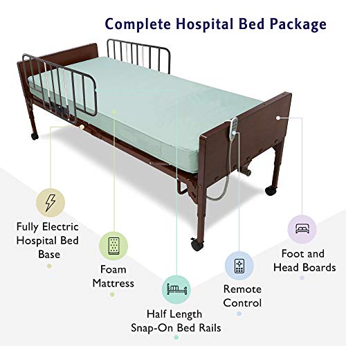 Full Electric Hospital Bed with Premium Mattress and Rails Included - for Home Care Medical Facilities - Fully Adjustable, Hand Pendant - 80" x 36" (80" x 36" Standard with Half Rails, Foam Mattress)