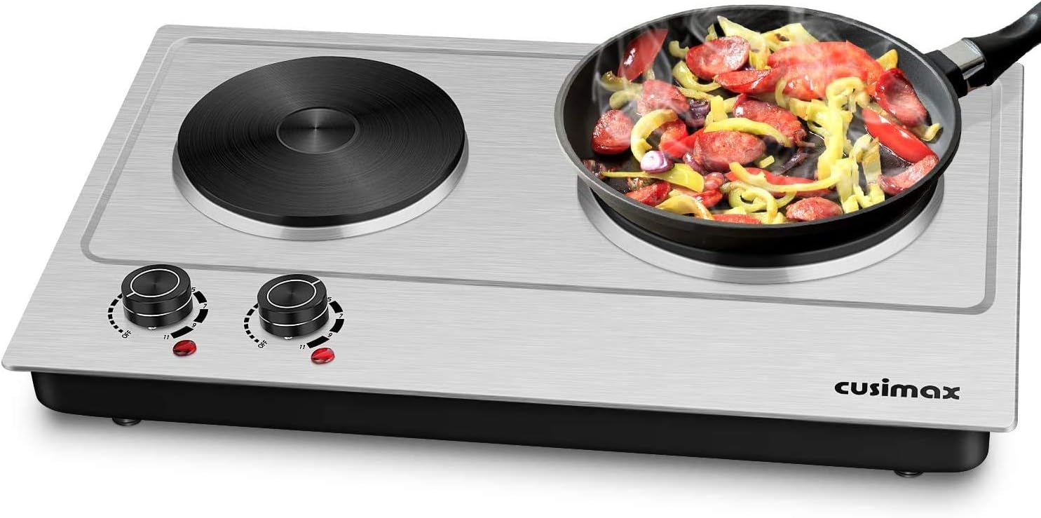 Cusimax Hot Plate Electric Burner Single Burner Cast Iron hot plates for cooking Portable Burner 1500W with Adjustable Temperature Control Stainless Steel Non-Slip Rubber Feet, Upgraded Version
