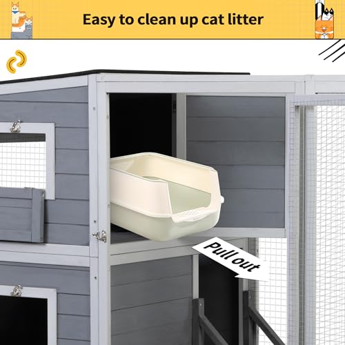 Outdoor Catio, Large Cat Enclosure House Weatherproof, 2 Resting Rooms, 4-Tier Cat Cage Catio for Cats w/ 2 Platforms, Wood