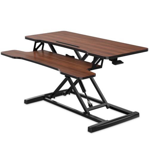 FITUEYES Height Adjustable Standing Desk 36” Wide Sit to Stand Converter Stand Up Desk Tabletop Workstation for Dual Monitor Riser FSD309101WB