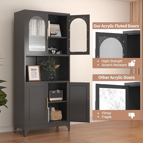 Kitchen Pantry Cabinet with Acrylic Glass Doors, 75" Metal Kitchen Hutch with Countertop, Adjustable Shelves, Freestanding Food Pantry Cabinet for Living, Dining Room, Black, Assembly Required