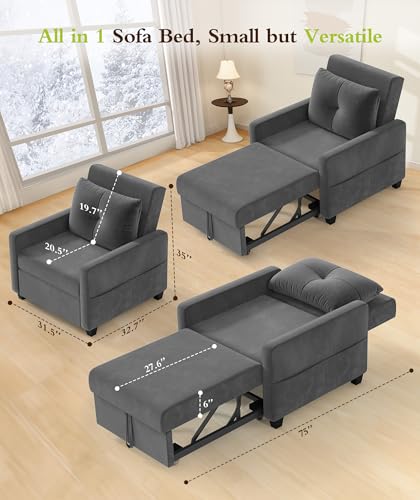 Sleeper Sofa Chair, 3 in 1 Convertible Sleeper Chair with Adjustable Backrest, 32" Pull Out Couch Bed 400lbs Support, Comfy Velvet Small Sofa Bed for Small Space with Pillow & 2 Pockets, Blue
