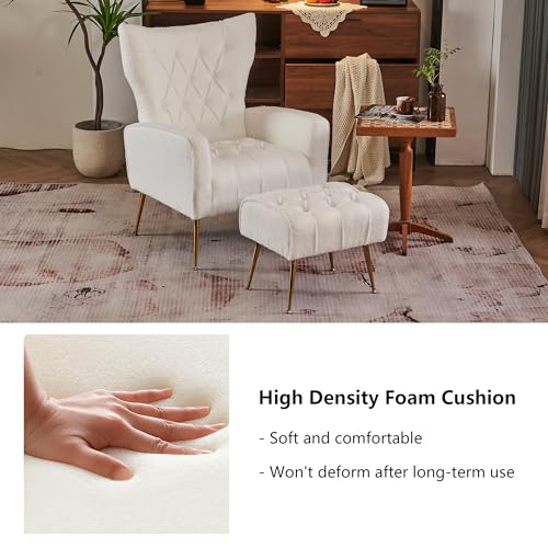 Accent Chair with Ottoman, Upholstered Tufted Boucle High Wingback Armchair with Gold Metal Legs, Club Chair with Ottoman, Reading Sofa Chair for Living Room Bedroom Office, White