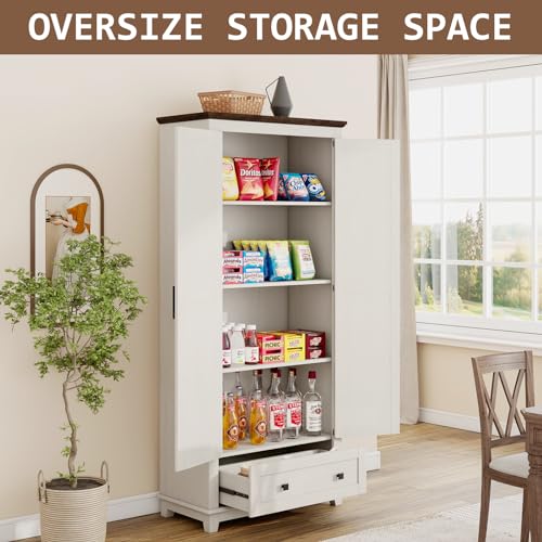 Farmhouse Kitchen Pantry Cabinet, 72" Tall Storage Cabinet with Adjustable Shelves & Barn Doors, Freestanding Kitchen Cupboard for Dining Room, Living Room, Barnwood+White