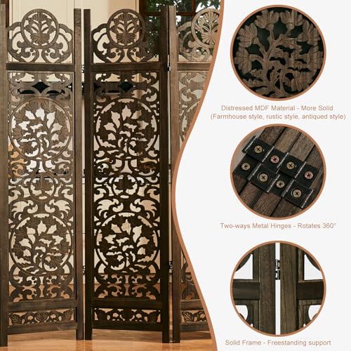 5.75Ft Room Divider Wood Carved Wall Divider Indoor Folding Portable Partition Screen for Home Office Garden Terrace - 4 Panel (Antique Brown)