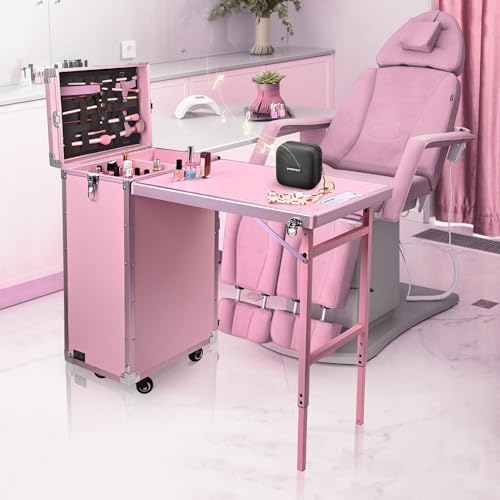 BYOOTIQUE Masslux Foldable Rolling Manicure Table Nail Desk Makeup Train Case with 4 Drawers Mirror & Speaker, Pink