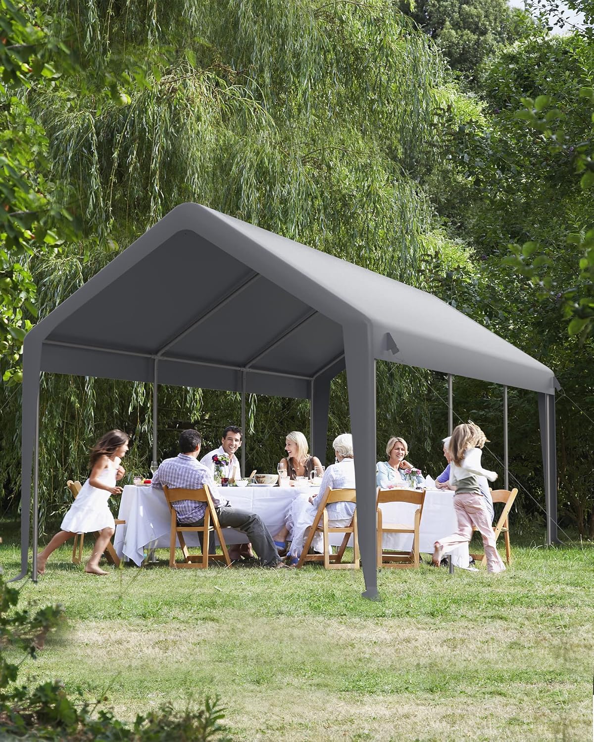Carport 10'x20' Portable Garage, Reinforced Steel Poles, Heavy Duty Carport Canopy, 4 Roll-up Doors & 4 Mesh Windows, for Pickup, Boat, and Equipment, Gray