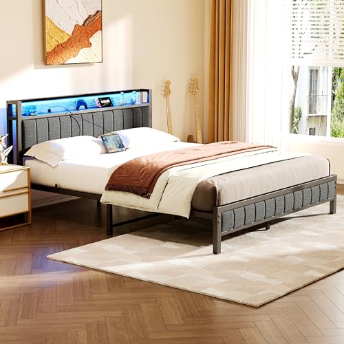 Queen Bed Frame with Storage Headboard and Footboard, Metal Platform Upholstered Bed Frame Queen Size with Charging Station, USB Ports and RGB LED Lights, No Box Spring Needed, Gray Queen Bed