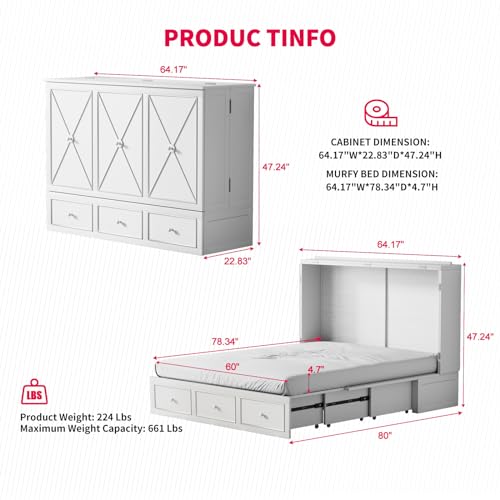 MUZZ Murphy Bed Queen with Foldable Mattress,Modern Cabinet Bed with Storage Drawer & USB Charging Station, Solid Wood Cube Cabinet Bed for Bedroom,Guest Room(Grey)