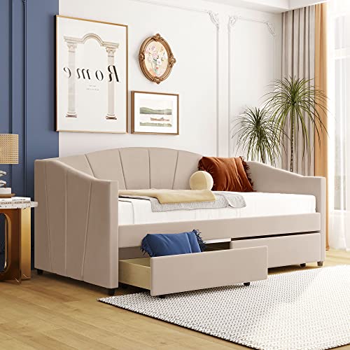 Harper & Bright Designs Twin Size Daybed, Upholstered Daybed with Two Storage Drawers, Wood Daybed Twin Size, Wood Slat Support Day Bed Frame, No Box Spring Needed, Easy Assembly, Beige