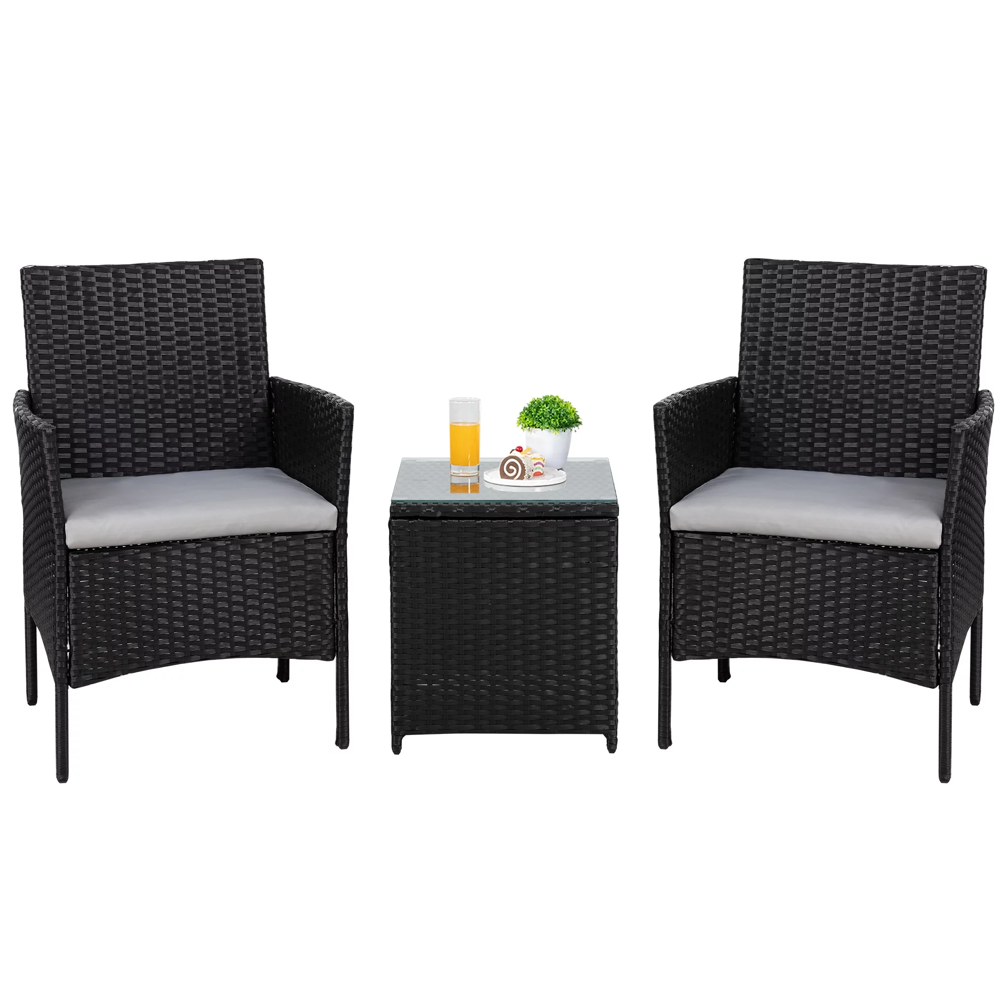 Walsunny 3 Pieces Patio Furniture Set Outdoor Wicker Conversation Bistro Set Outdoor Patio Chairs with Tempered Glass Table Beige
