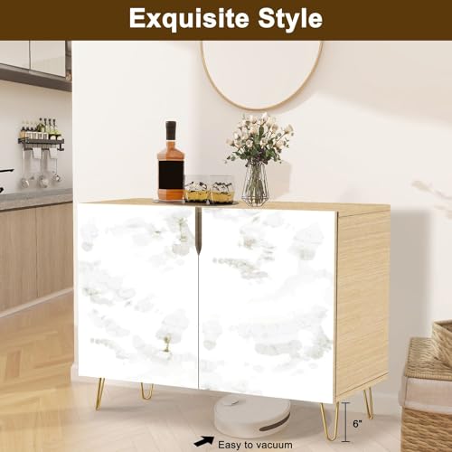 Mid Century Sideboard Buffet Kitchen Storage Cabinet with 2 Doors texture golden veins natural pattern for Abstract black white gold Cupboard Console Table Bar Cabinet for Dining Room Hallway