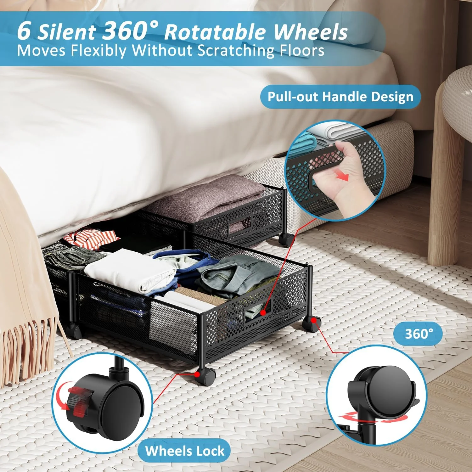 47.2'' Long Under Bed Storage on Wheels, 57.6L Large Capacity Rolling Under the Bed Storage Containers, Tool-Free Assembly Foldable Underbed Shoes Clothes Toy Drawers