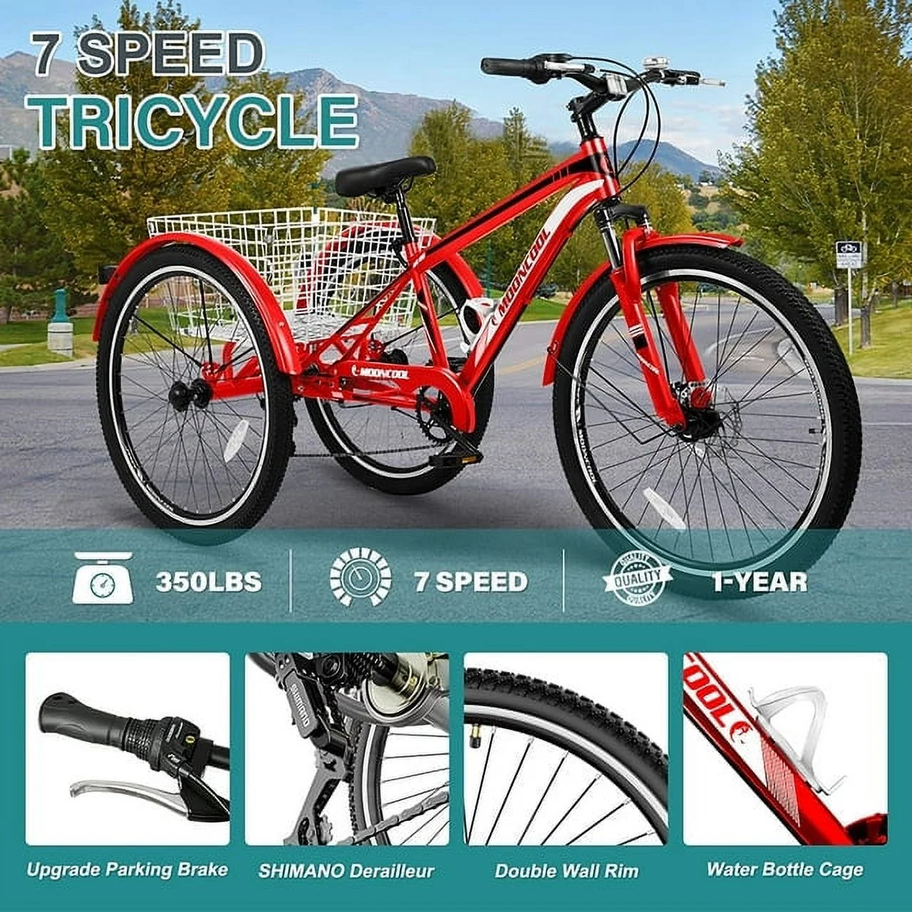 Lilypelle Adult Mountain Tricycle 24/26/27.5 Inch Low step through Mountain Bike Cruiser Trikes for Adults 7 Speed Three Wheel Trike Bike Bicycle with Large Basket
