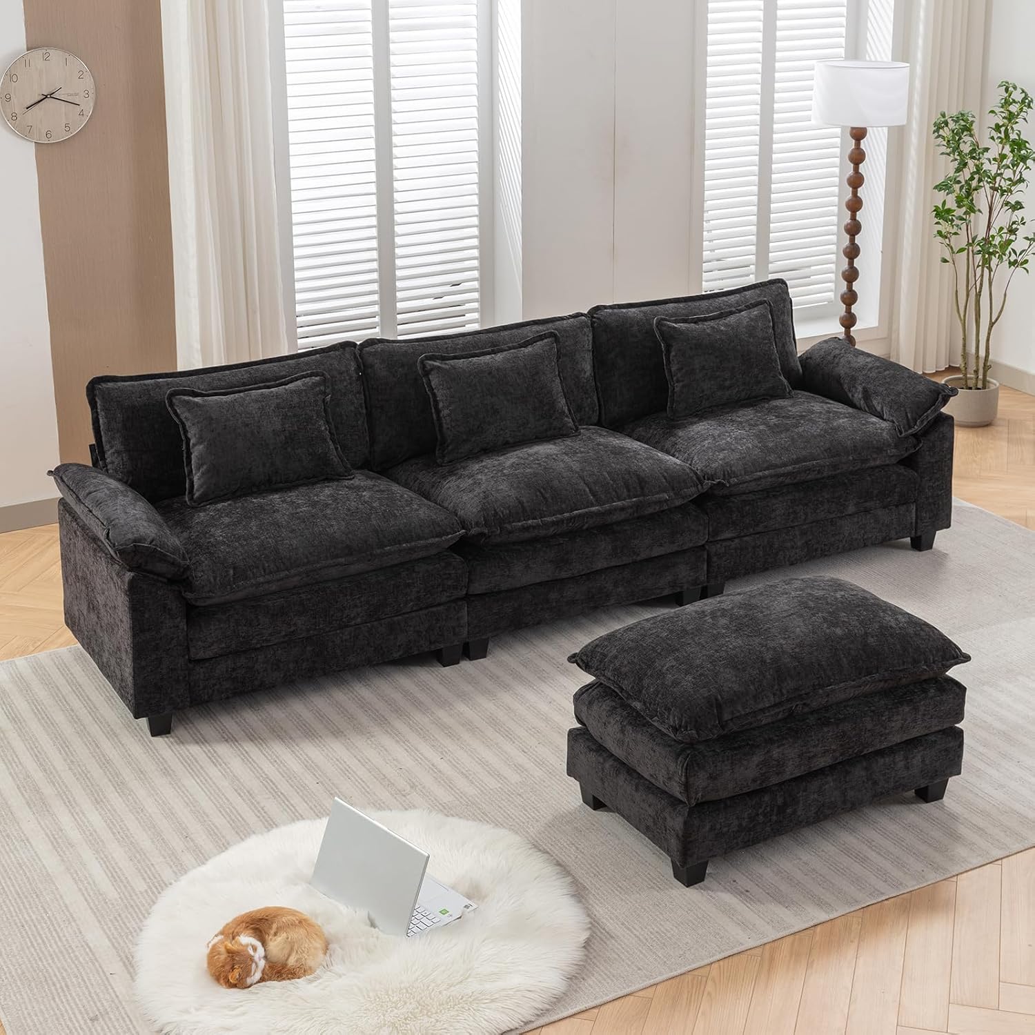 IPKIG 117" Sectional Sofa, Chenille L-Shaped Couch Comfy Upholstered 3-Seat Sofa with Ottoman, 3 Lumbar Pillow, Deep Seat Modular Oversized Couch for Living Room, Apartment, Studio (Black, 4-Seat)