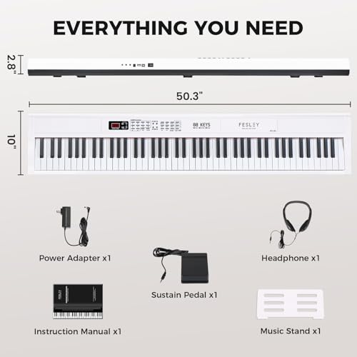 Fesley Piano Keyboard 88 Keys: Full-Size Digital Piano Keyboard, Portable Electric Keyboard Piano, 88 Key Keyboard With Music Stand, Power Adapter, Sustain Pedal, Bluetooth, MIDI, Black, FEP160